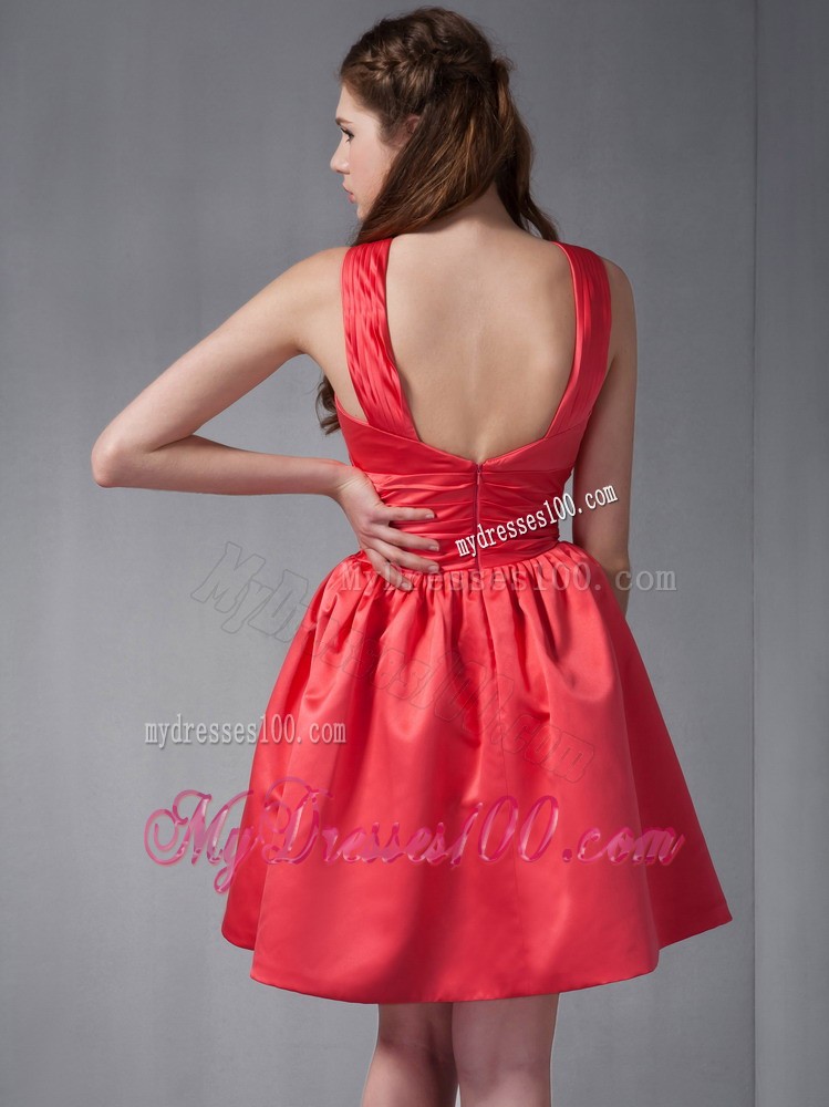 Rust Red Mini-length Scoop Bridesmaid Dress with Ruching