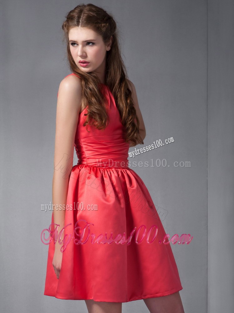 Rust Red Mini-length Scoop Bridesmaid Dress with Ruching