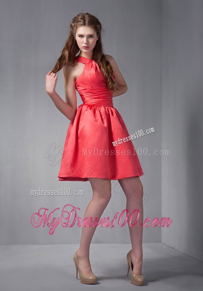 Rust Red Mini-length Scoop Bridesmaid Dress with Ruching