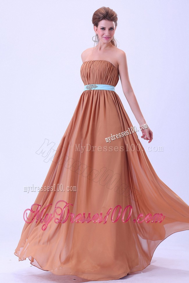 Rust Red Prom Dress With Blue Belt and Ruching Made in Chiffon