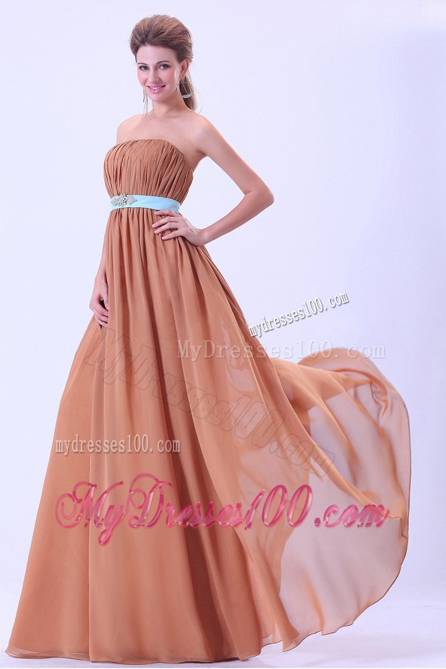 Rust Red Prom Dress With Blue Belt and Ruching Made in Chiffon