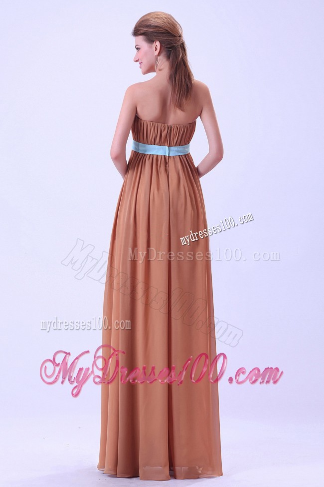 Rust Red Prom Dress With Blue Belt and Ruching Made in Chiffon