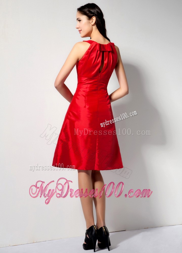 Red A-line Bateau Bridesmaid Dress Knee-length with Ruche Sash