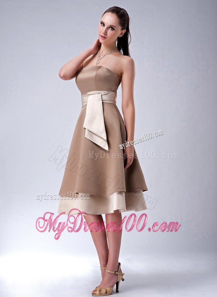 Brown Empire Bridesmaid Dress Embellished Sash Tea Length
