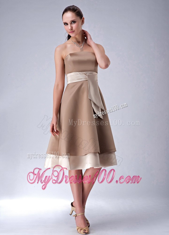 Brown Empire Bridesmaid Dress Embellished Sash Tea Length