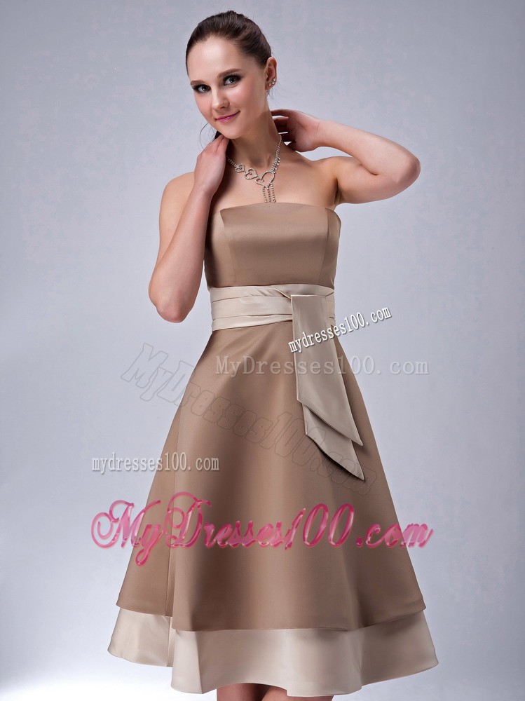 Brown Empire Bridesmaid Dress Embellished Sash Tea Length
