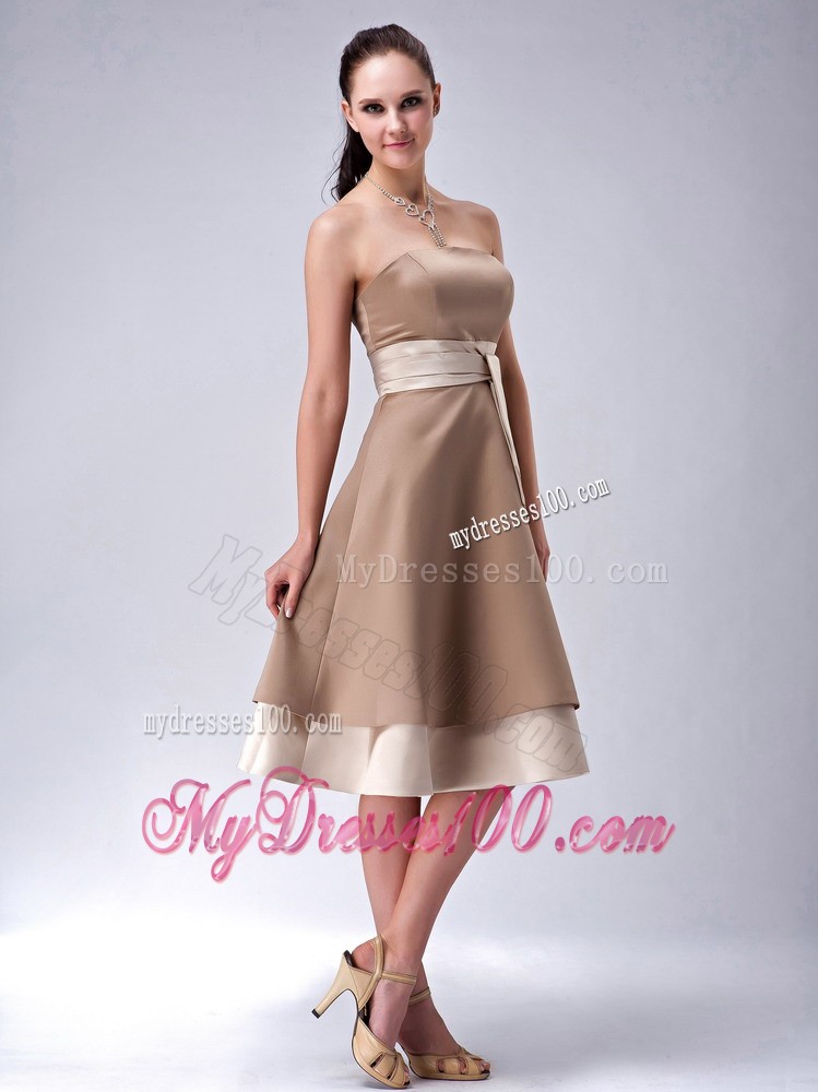 Brown Empire Bridesmaid Dress Embellished Sash Tea Length