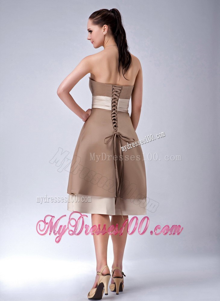 Brown Empire Bridesmaid Dress Embellished Sash Tea Length