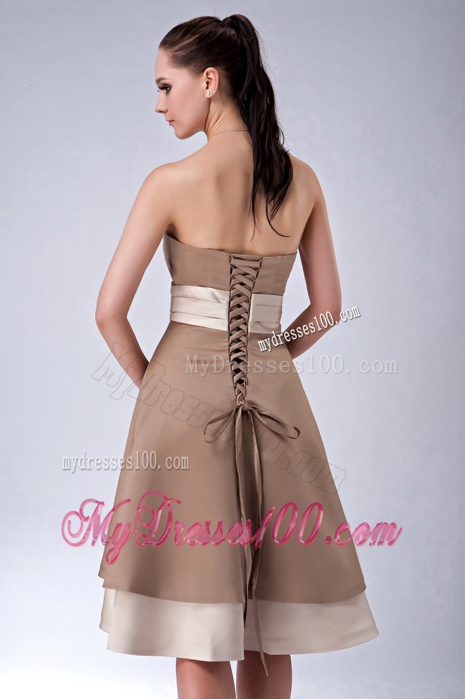 Brown Empire Bridesmaid Dress Embellished Sash Tea Length