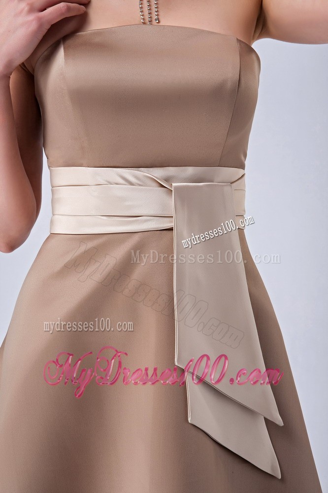 Brown Empire Bridesmaid Dress Embellished Sash Tea Length