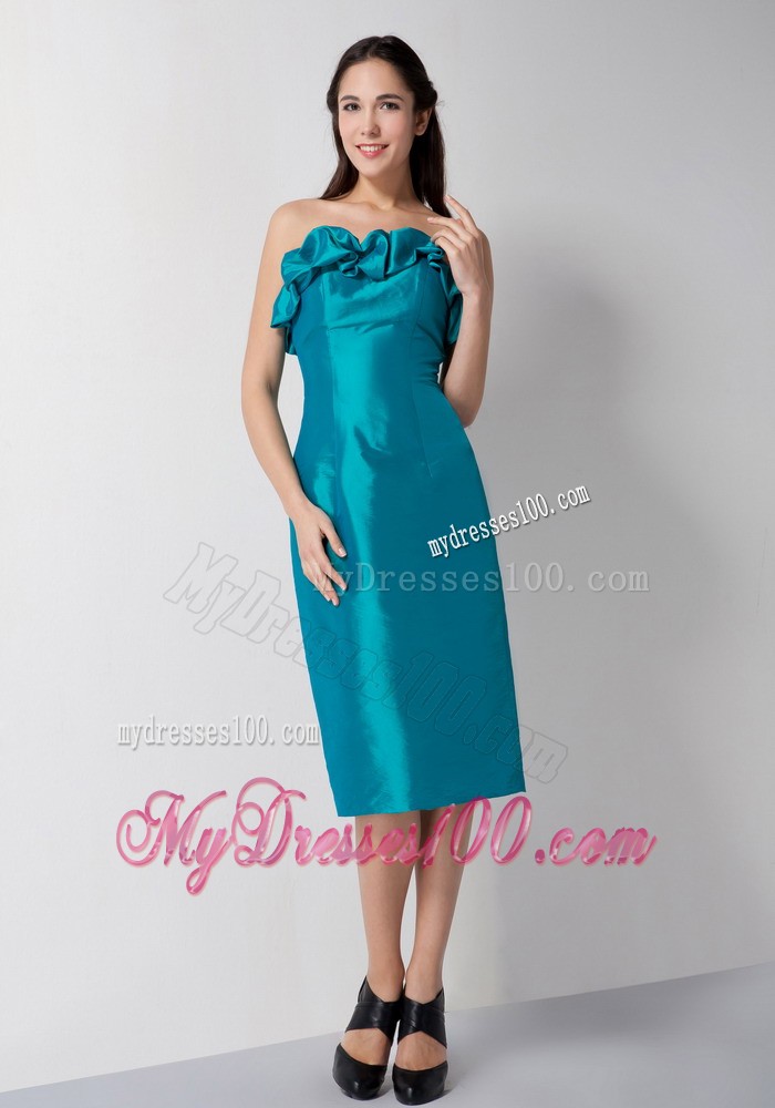 Teal Column Strapless Tea-length Waving Ruffles Prom Dress