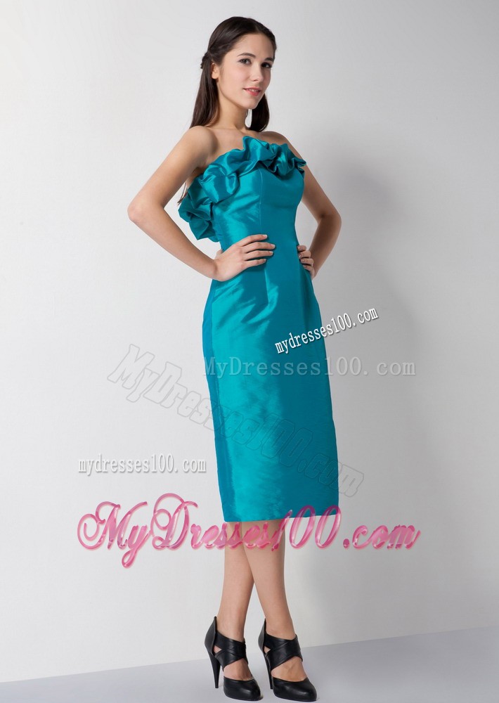 Teal Column Strapless Tea-length Waving Ruffles Prom Dress