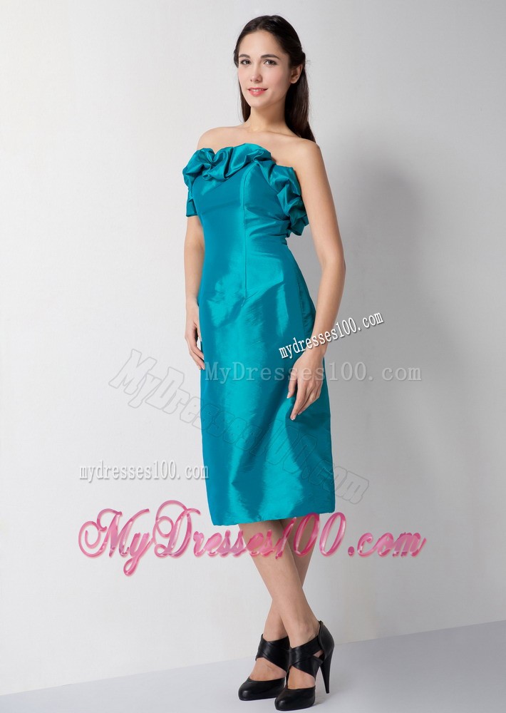 Teal Column Strapless Tea-length Waving Ruffles Prom Dress