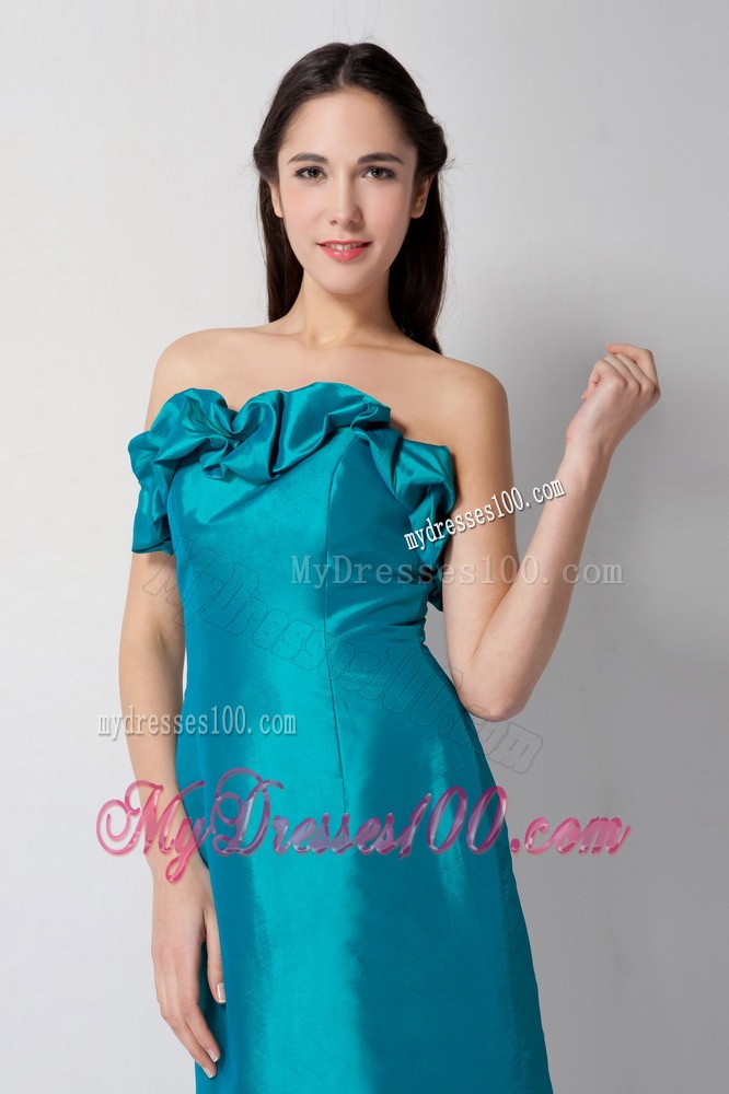 Teal Column Strapless Tea-length Waving Ruffles Prom Dress