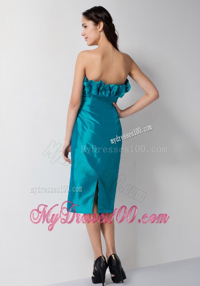 Teal Column Strapless Tea-length Waving Ruffles Prom Dress