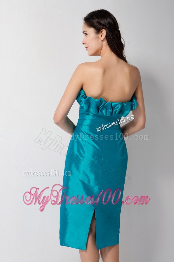 Teal Column Strapless Tea-length Waving Ruffles Prom Dress