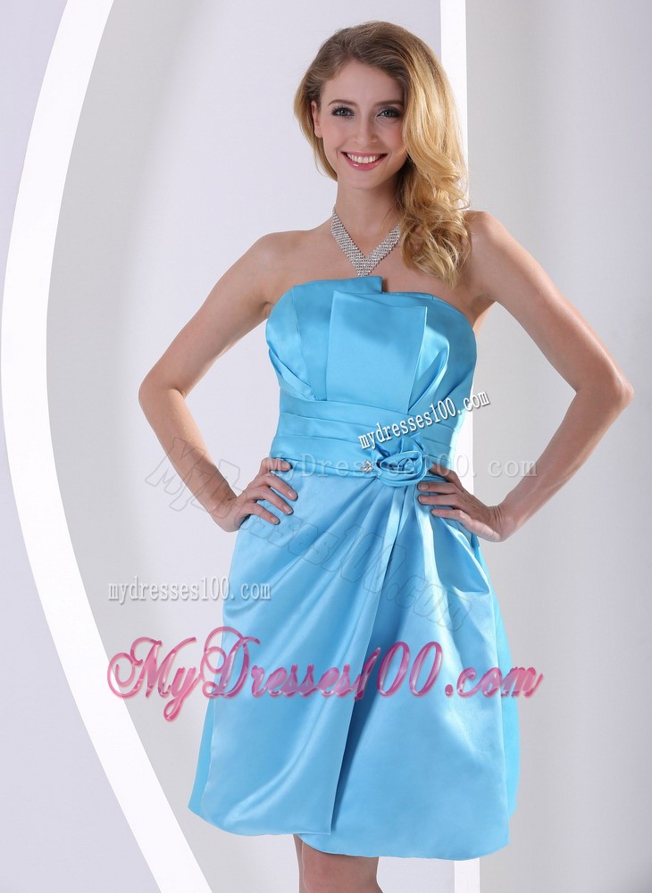 Aqua Blue Hand Made Flower and Ruche Maid of Honor Dress