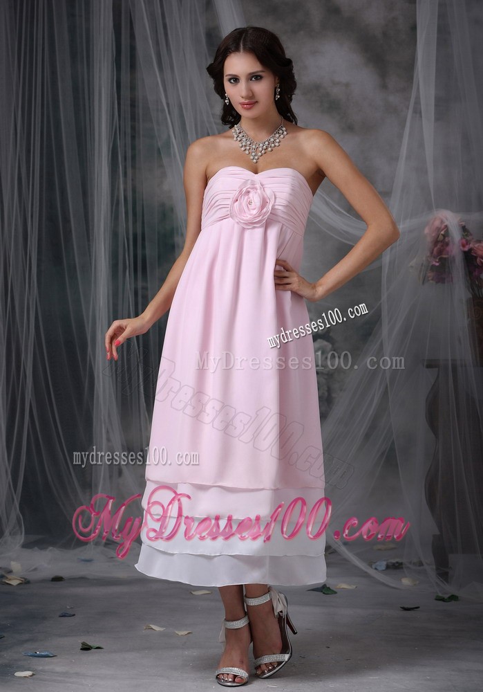 Baby Pink and White Tea-length Maternity Bridesmaid Dress with Flowers