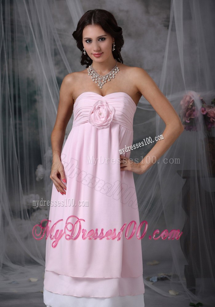 Baby Pink and White Tea-length Maternity Bridesmaid Dress with Flowers