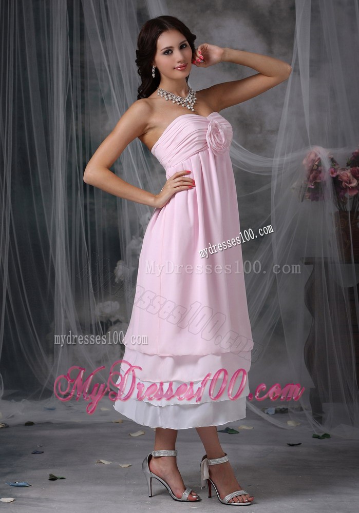 Baby Pink and White Tea-length Maternity Bridesmaid Dress with Flowers