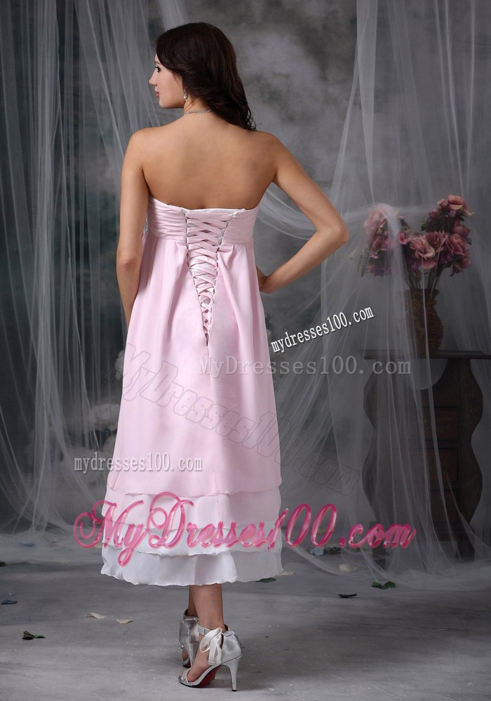 Baby Pink and White Tea-length Maternity Bridesmaid Dress with Flowers