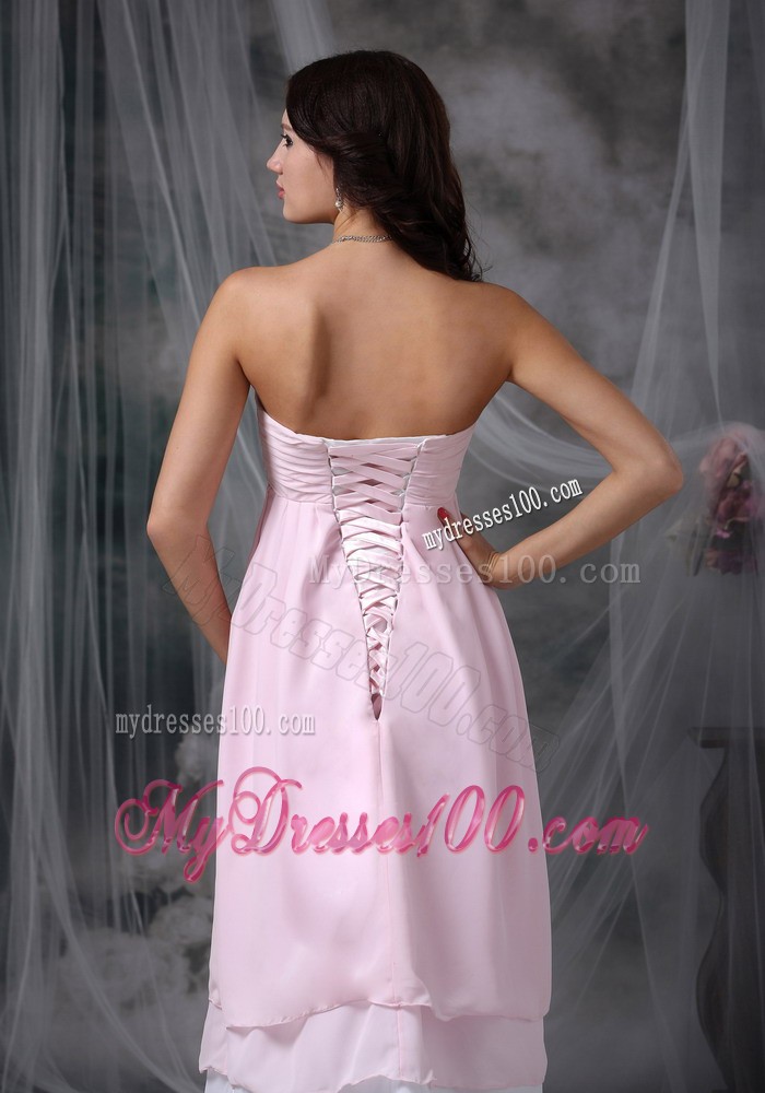 Baby Pink and White Tea-length Maternity Bridesmaid Dress with Flowers