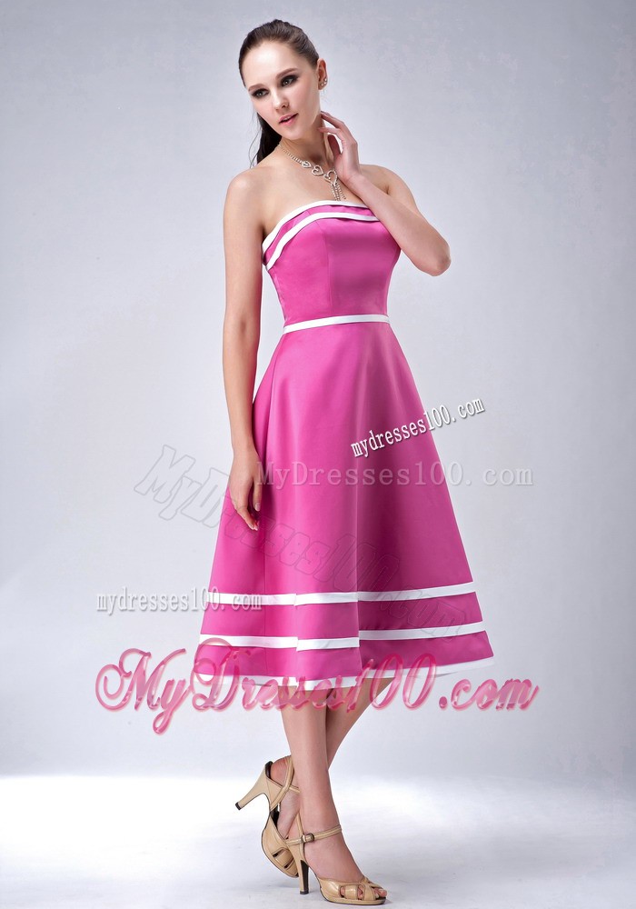 Hot Pink and White Princess Tea-length Junior Bridesmaid Dress