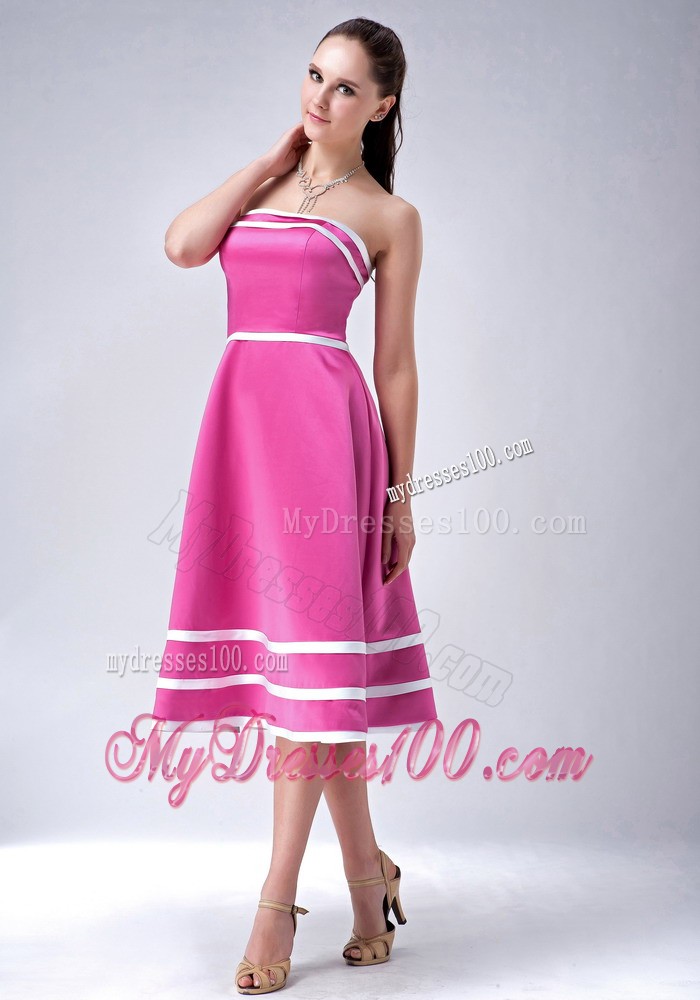 Hot Pink and White Princess Tea-length Junior Bridesmaid Dress