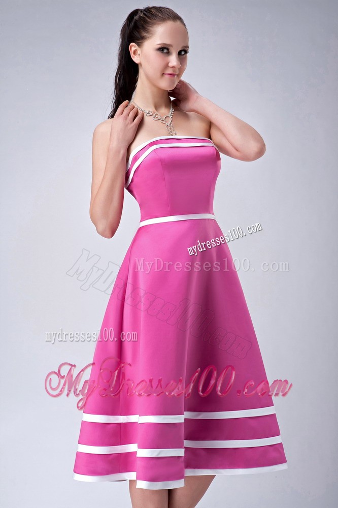 Hot Pink and White Princess Tea-length Junior Bridesmaid Dress
