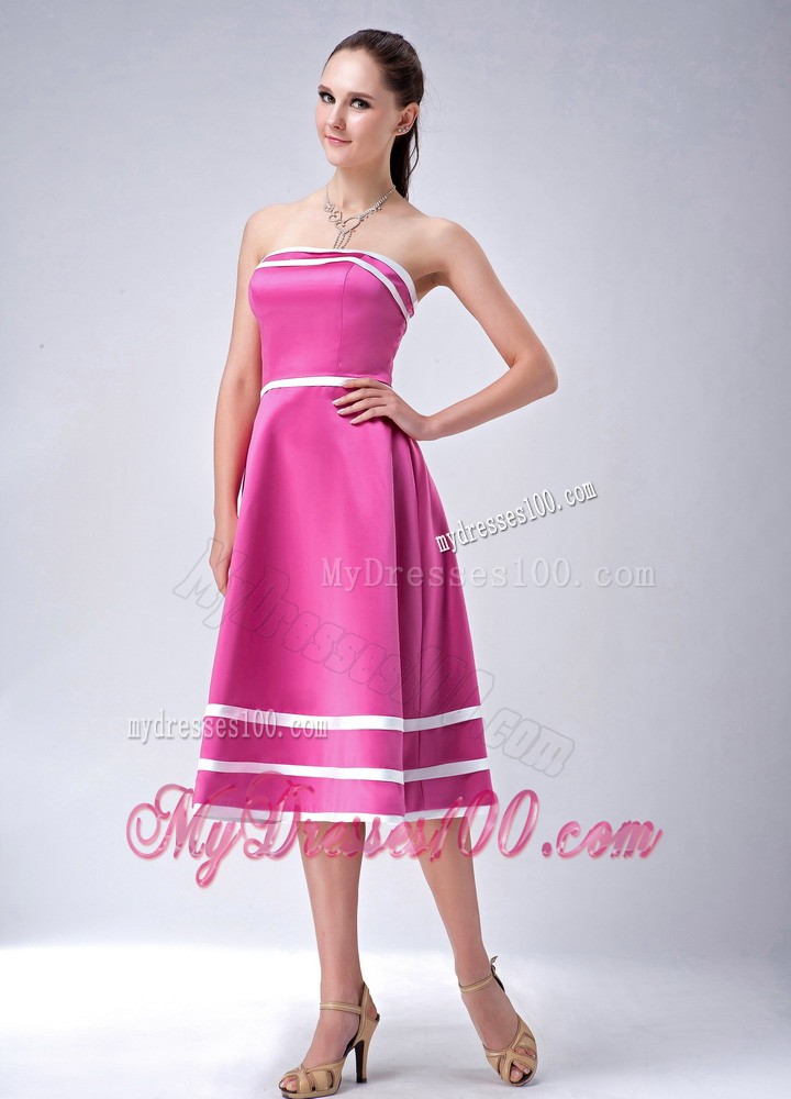 Hot Pink and White Princess Tea-length Junior Bridesmaid Dress