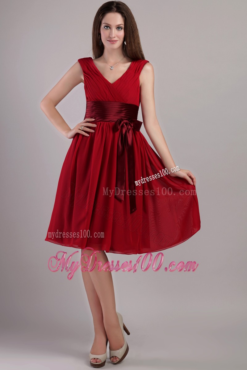 Wine Red Empire V-neck Knee-length Sash Prom Dress with Sash