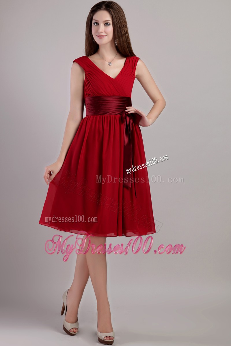 Wine Red Empire V-neck Knee-length Sash Prom Dress with Sash
