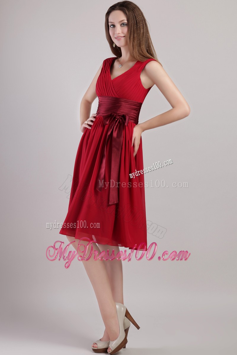 Wine Red Empire V-neck Knee-length Sash Prom Dress with Sash