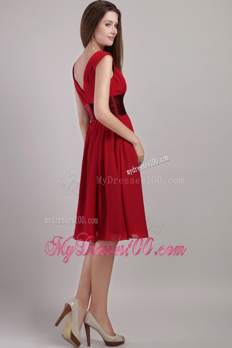 Wine Red Empire V-neck Knee-length Sash Prom Dress with Sash