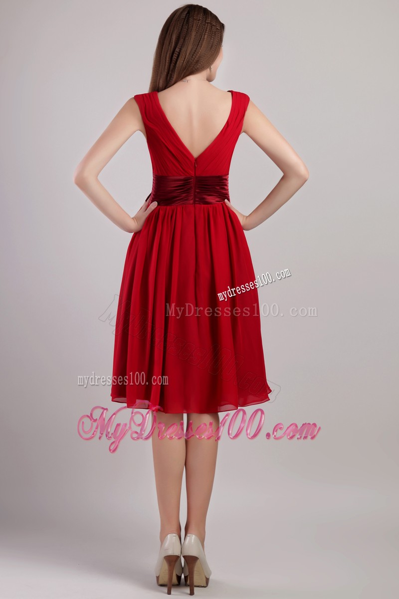 Wine Red Empire V-neck Knee-length Sash Prom Dress with Sash