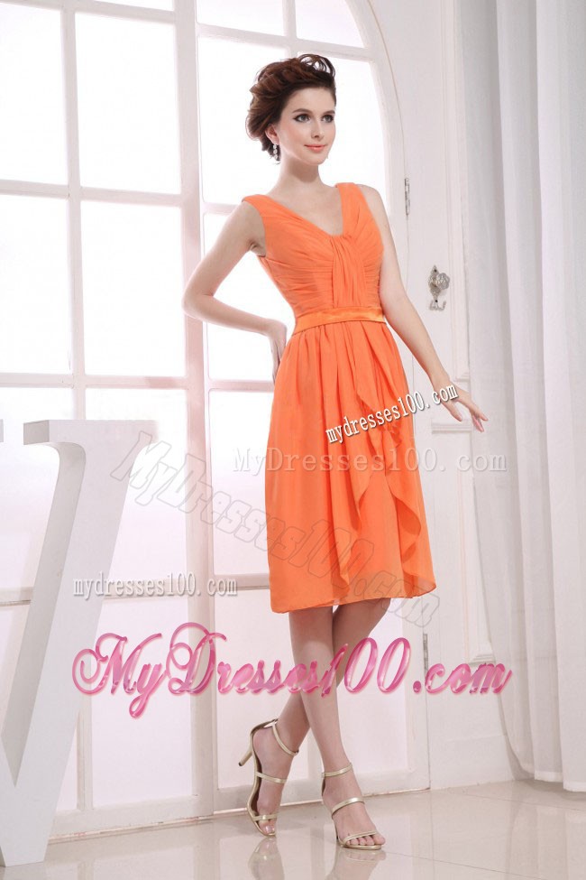 V-neck Orange Knee-length Ruching Junior Bridesmaid Dress