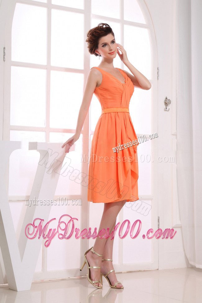 V-neck Orange Knee-length Ruching Junior Bridesmaid Dress