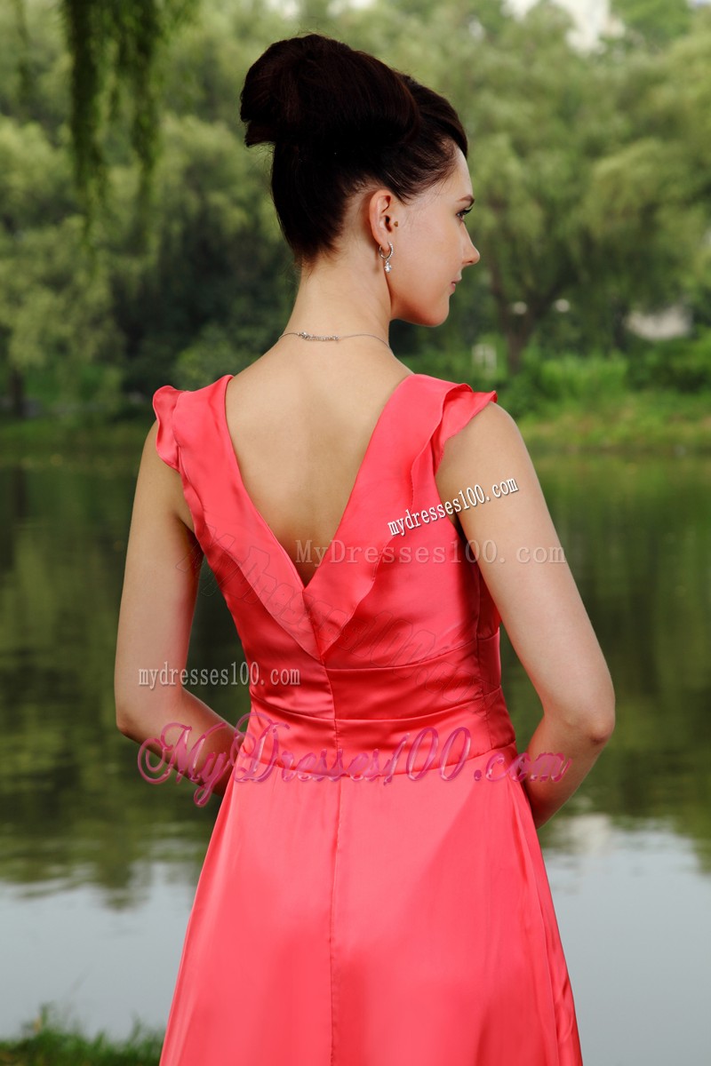 Watermelon Red Empire V-neck Prom Homecoming Dress with Slit