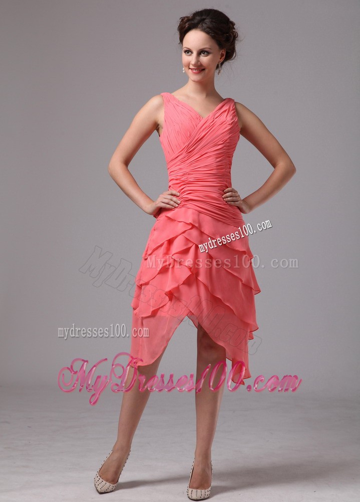 Asymmetric Tiers Hem Short Bridesmaid Dress in Watermelon Pink