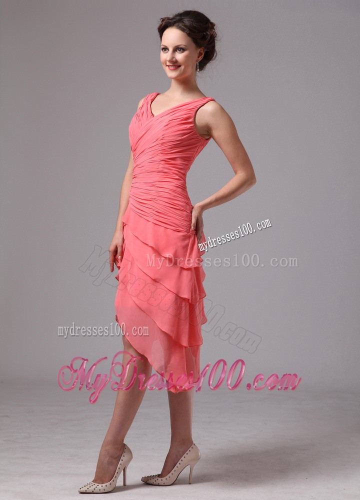 Asymmetric Tiers Hem Short Bridesmaid Dress in Watermelon Pink