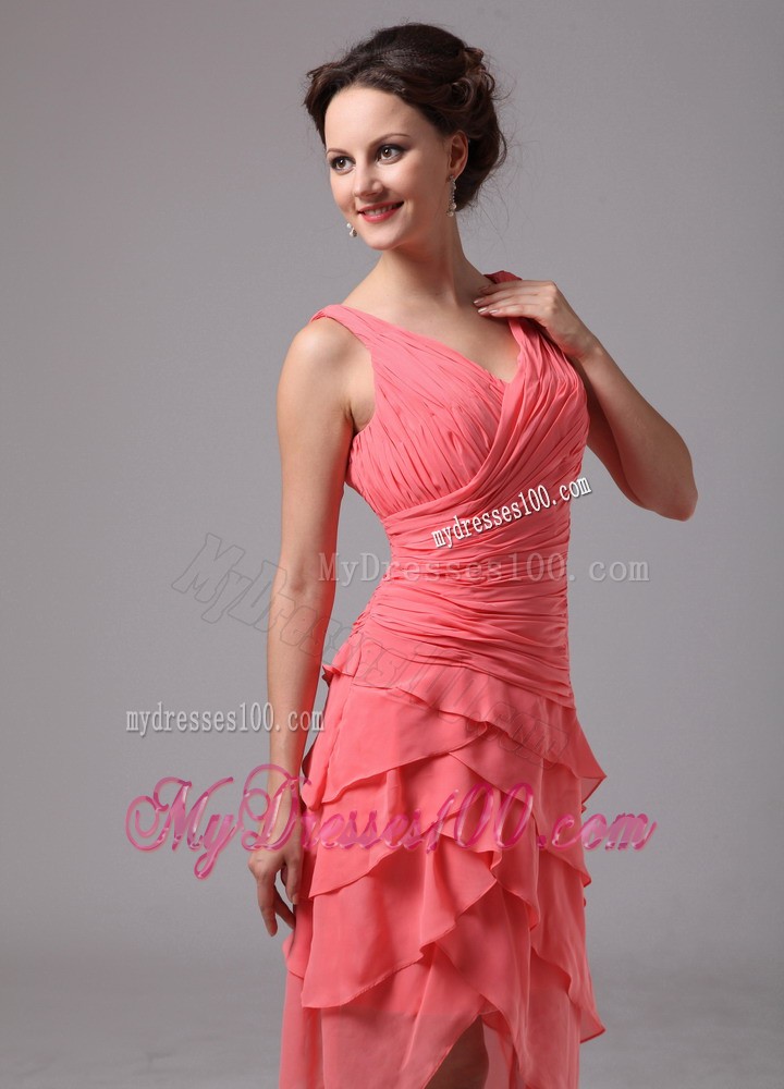 Asymmetric Tiers Hem Short Bridesmaid Dress in Watermelon Pink