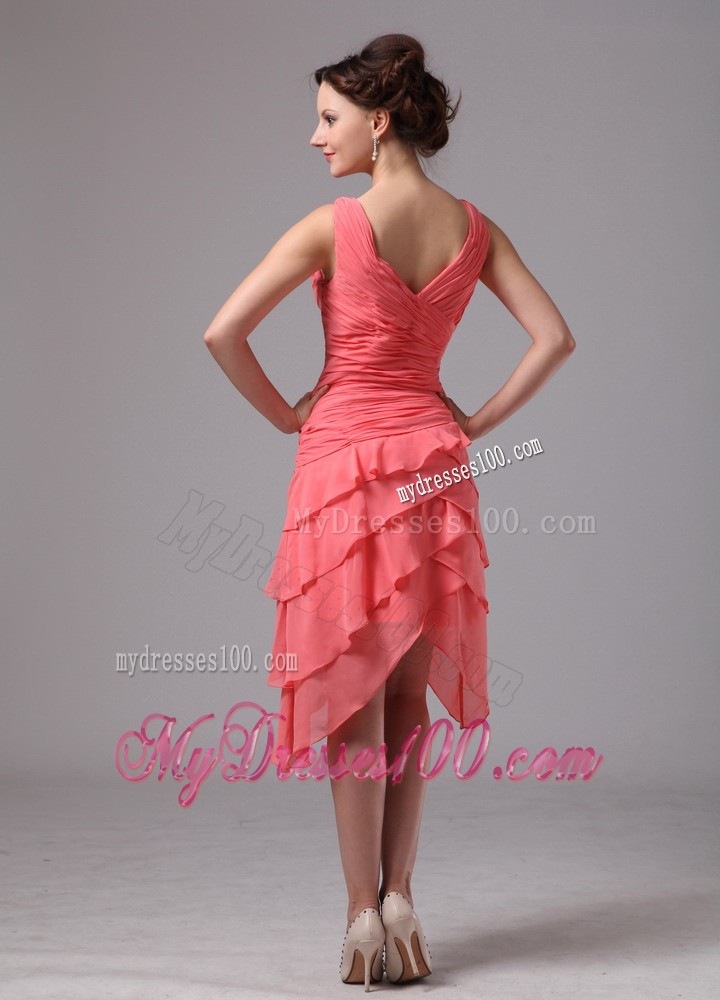 Asymmetric Tiers Hem Short Bridesmaid Dress in Watermelon Pink