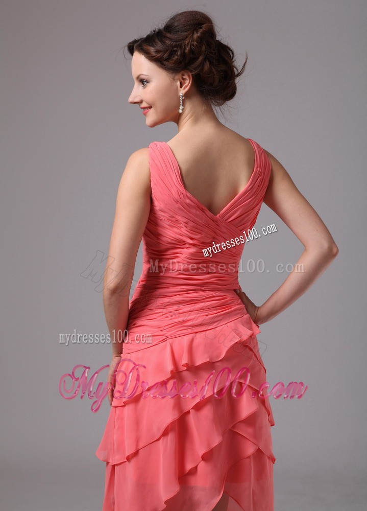 Asymmetric Tiers Hem Short Bridesmaid Dress in Watermelon Pink