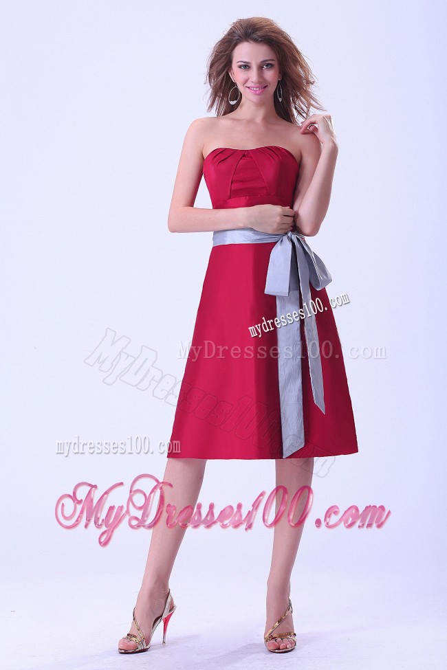 Wine Red Ruching Strapless Bridemaid Dress With Grey Sash