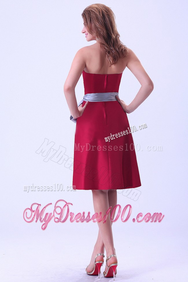 Wine Red Ruching Strapless Bridemaid Dress With Grey Sash