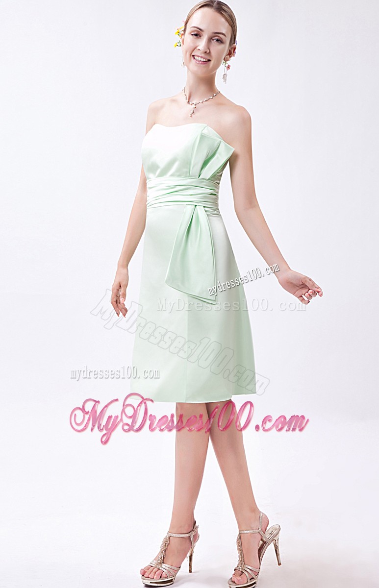 Apple Green Column Strapless Ruche Prom Dress with Bow