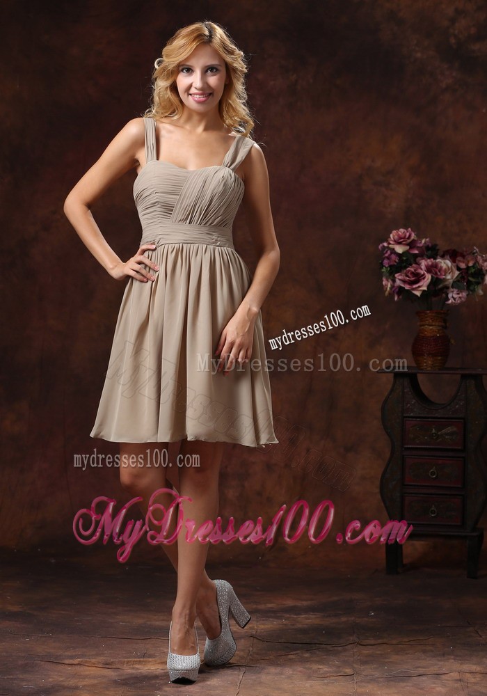 Ruche Decorate Knee-length Grey Prom Dress With Straps Neckline