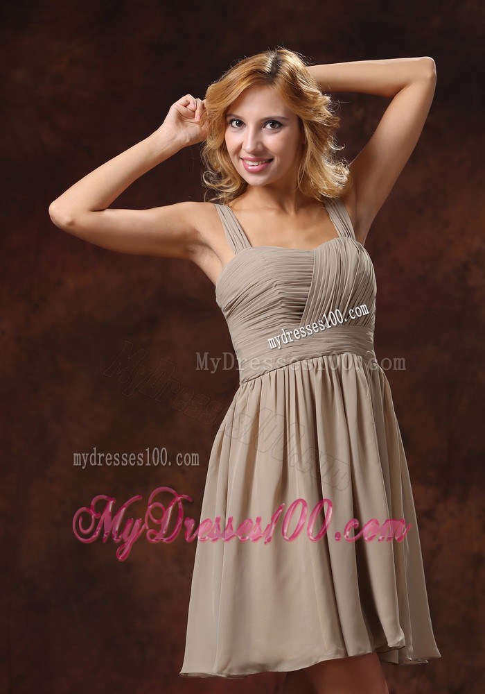 Ruche Decorate Knee-length Grey Prom Dress With Straps Neckline