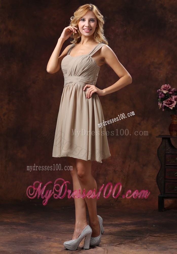 Ruche Decorate Knee-length Grey Prom Dress With Straps Neckline