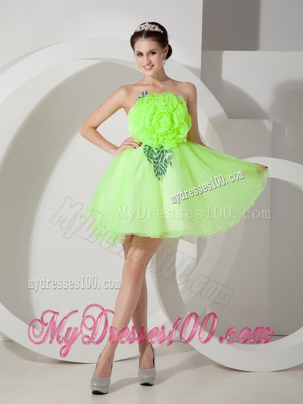 Unique Strapless Short Green Short Cocktail Dresses Hand Made Flowers